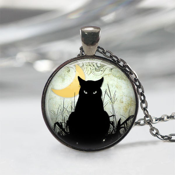 Black Cat Necklace • Crescent Moon • Cat Jewelry • Halloween Jewelry • Gothic Jewelry