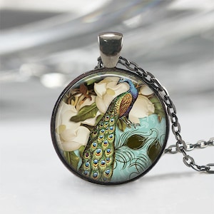 Peacock Necklace, Victorian Style Peacock Jewelry Glass Art Pendant Gift for Her Gunmetal Pendant Gift For Mom Pendant Birthday Gift