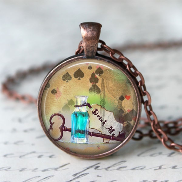 Alice In Wonderland Jewelry • Drink Me Quote • Alice in Wonderland Necklace • Fairy Tale Necklace • Fairy Tale Jewelry