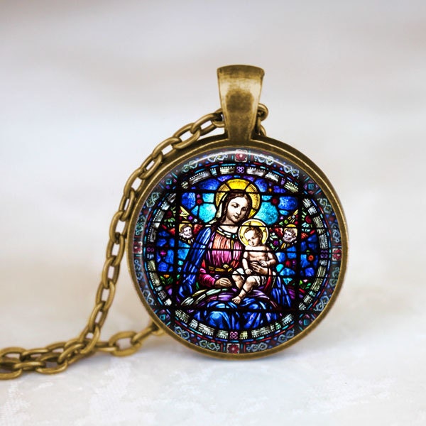 Virgin Mary and Child Stained Glass • Christian Jewelry • Christian Gifts • Virgin Mary Necklace • Christian Necklace • Baby Jesus Jewelry