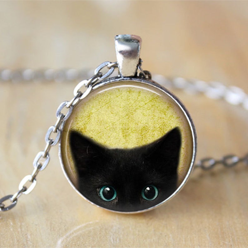 Black Cat Necklace Peeking Cat Necklace Cat Jewelry Halloween Jewelry Cat Lover Gift Antique Silver