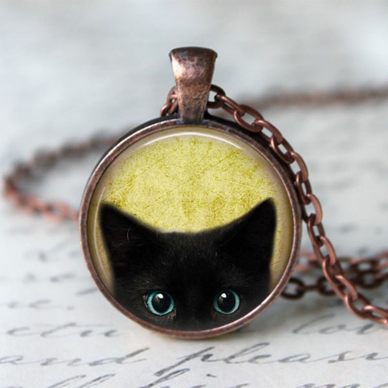 Black Cat Necklace Peeking Cat Necklace Cat Jewelry Halloween Jewelry Cat Lover Gift Antique Copper