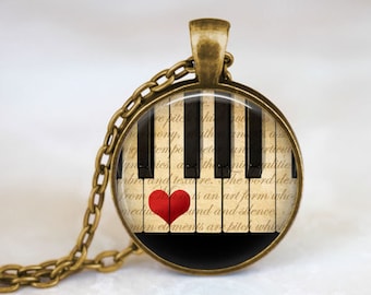 Music Jewelry - Piano Necklace, Piano Key Necklace, Black and White Piano Keys, Sheet Music Jewelry, Musical Art Pendant
