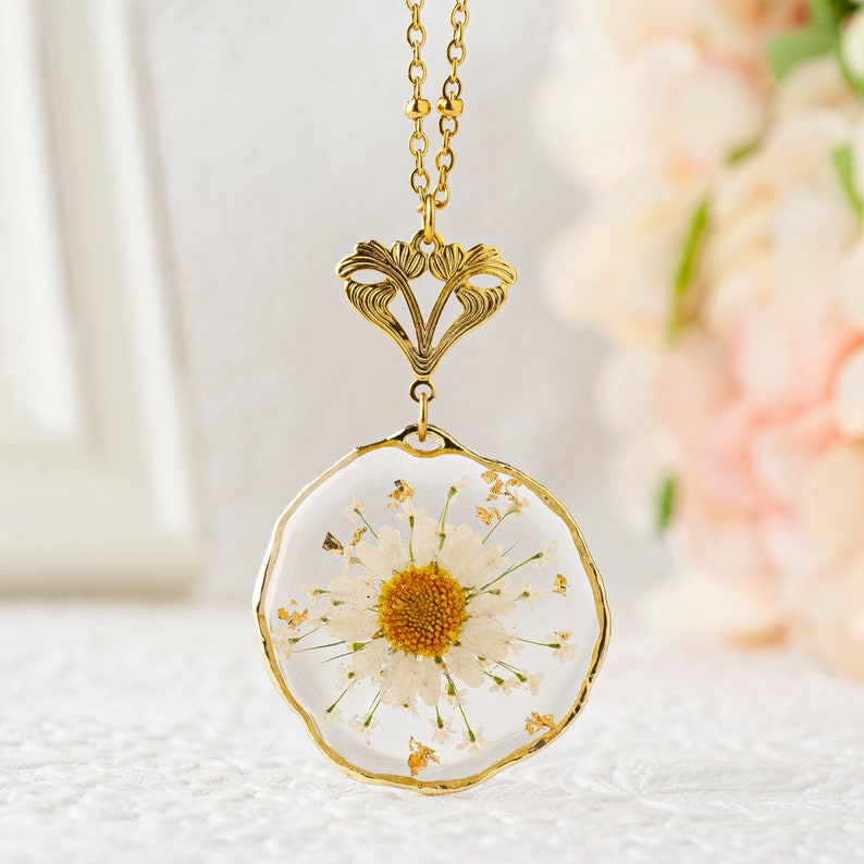 Daisy Necklace Birth Flower Necklace Boho Necklace For Women Birth Flower for April Necklace Boho Jewelry Birth Flower Pendant image 1