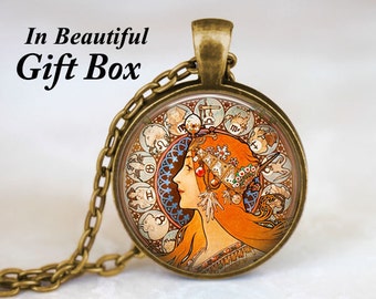Alphonse Mucha Art Necklace • Art Nouveau Jewelry • Zodiac Necklace • Mucha Print • Famous Paintings • Hippie Jewelry • Gift For Her