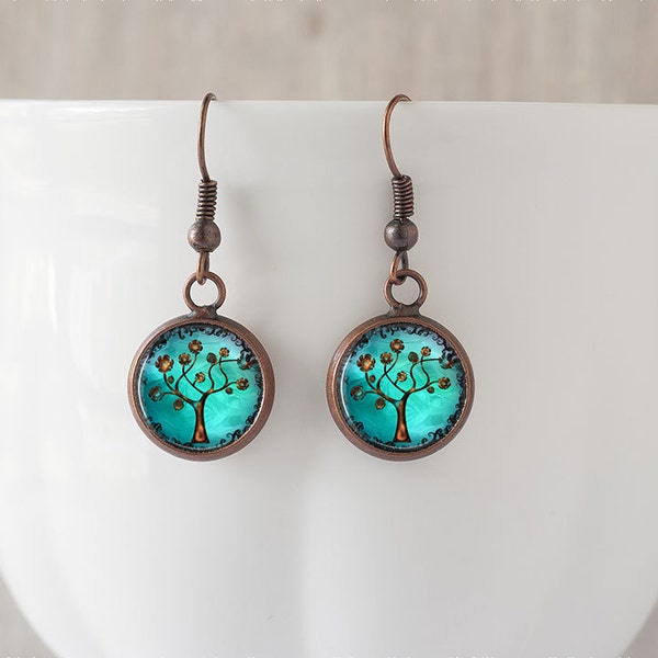 Tree of Life Earrings - Turquoise Blue Vintage Aged Copper Spiritual Summer Dangle or Drop Earrings