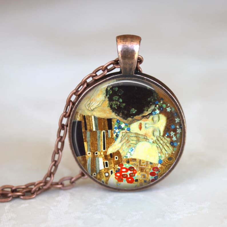 Gustav Klimt The Kiss Necklace Pendant Charm Gustav Klimt The Kiss Klimt Jewelry Gustav Klimt Painting Famous Paintings Symbolist Antique Copper