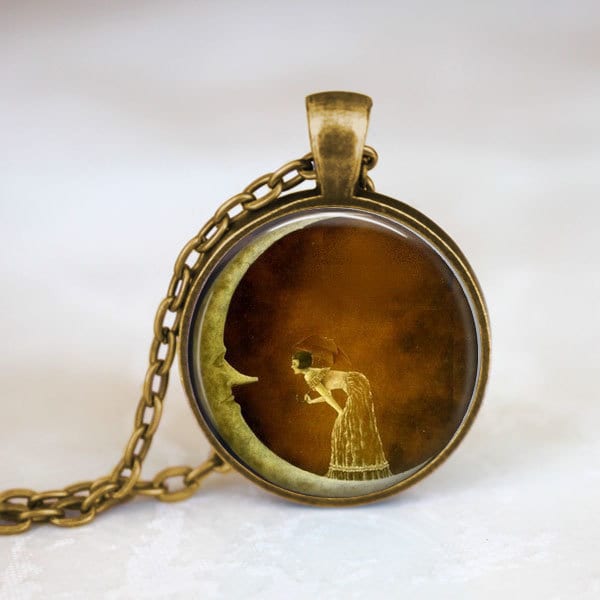 Crescent Moon Necklace • Woman On The Moon • Shannon Stamey Art • Moon Jewelry • Vintage Style Jewelry Art Deco Jewelry • 1920s Gatsby Style