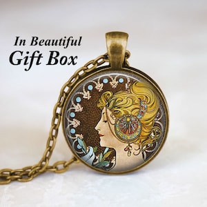 Alphonse Mucha Art Necklace • Art Nouveau Jewelry • Mucha Print • Feather Necklace • Famous Paintings • Hippie Jewelry • Gift For Her