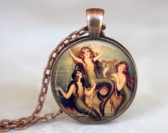 Collar de sirena - Colgante de sirena. Joyería de sirena. Colgante de arte. Collar de fantasía. Tres Sirenitas