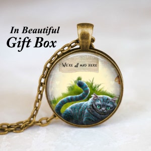 Cheshire Cat • We&#39;re All Mad Here • Alice In Wonderland Jewelry • Fairy Tale Necklace • Book Quote Jewelry • Through The Looking Glass