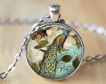 Peacock Necklace, Victorian Style Peacock Jewelry Glass Art Pendant Gift for Her Antique Silver Pendant Gift For Mom Pendant Birthday Gift