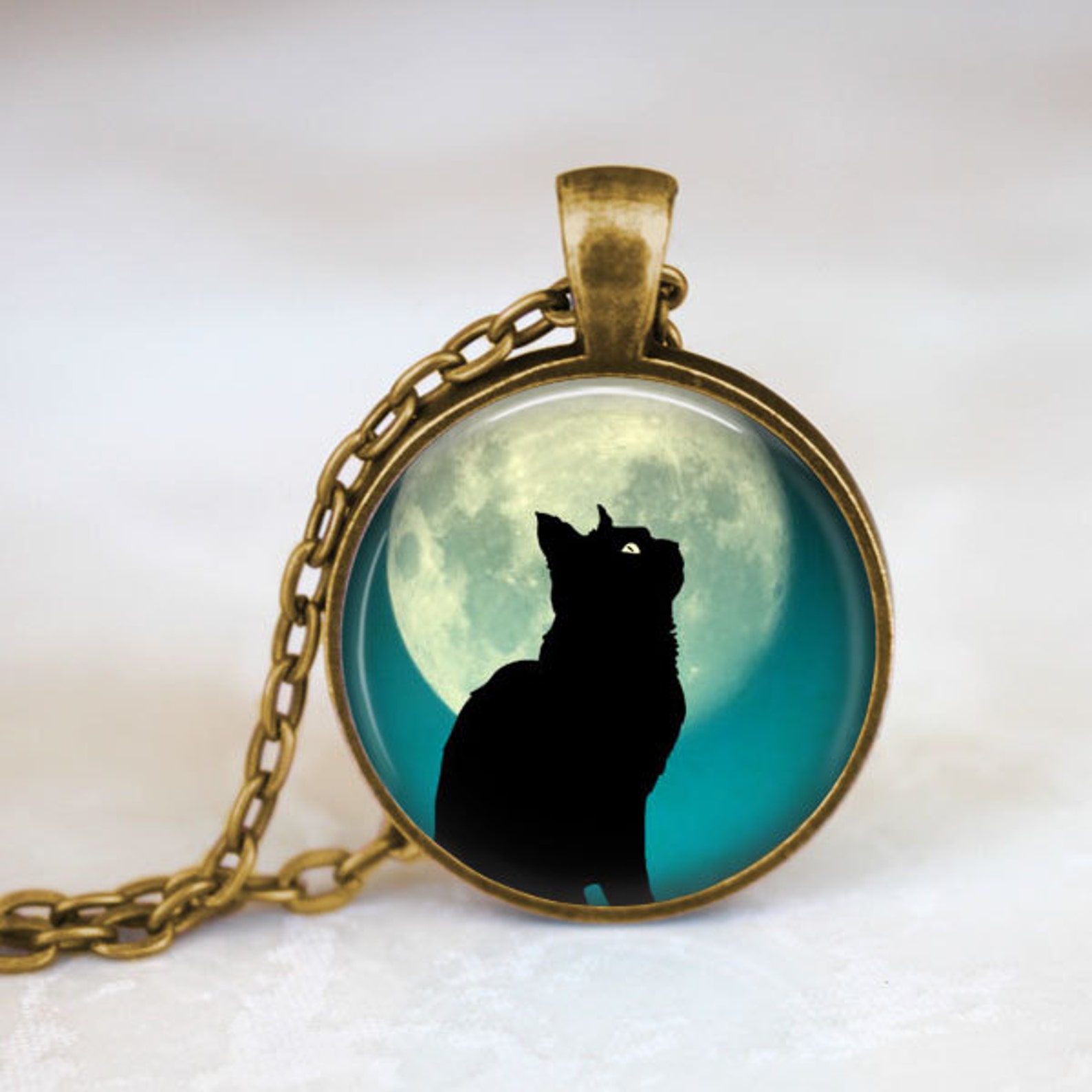 Full Moon Cat Necklace Teal Moon Necklace Full Moon Etsy