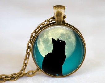 Full Moon Cat Necklace • Teal Moon Necklace • Full Moon Necklace • Full Moon Jewelry
