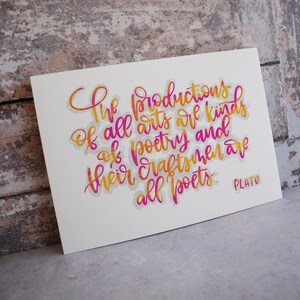 Plato Art Quote Calligraphy, Quote About Art, Artist Quote Wall Decoration, Pink and Orange Art Quote