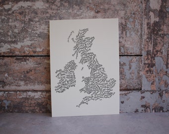 UK and Ireland Calligraphy Map, Hand Drawn Map, Unique Lettering Gift