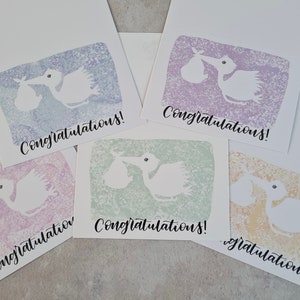 One Birth Felicitatiekaart, Stork en Baby Card, Sponseffect, Roze, Paars, Groen, Blauw, Geel, Genderneutraal Babykaartje