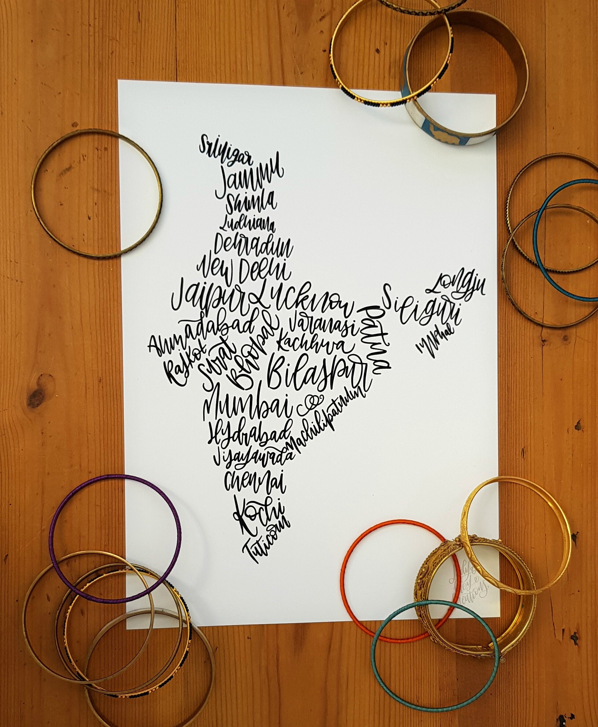 India Calligraphy Map Hand Drawn Map Unique Lettering Gift - Etsy