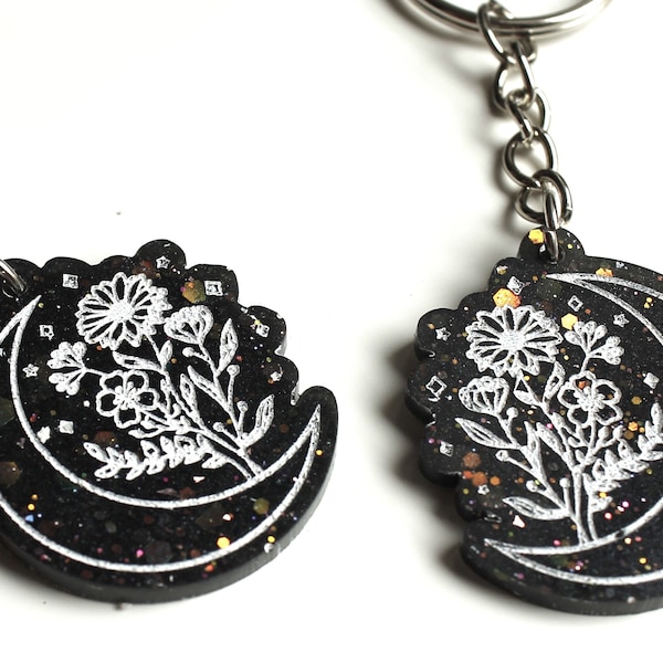 Moon, Flowers, Witchy, Witch, Resin, Keyring, Keychain