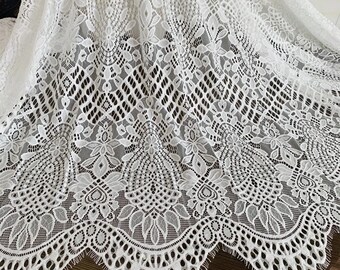 Off white cheap wedding dress lace fabric on sale Scallop trimming chantilly lace for girls long dress making eyelash chatilly lace