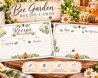 May include: Two rectangular recipe cards featuring a bee and daisy theme. The front card has sections for ingredients and directions, while the back card includes space for notes and more directions. Both cards feature honeycombs and beehive illustrations.