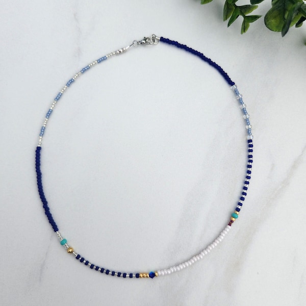 Asymmetrical beaded necklace, Blue and Silver Necklace for woman, Trendy seed bead, choker, Dainty necklace, layering necklace