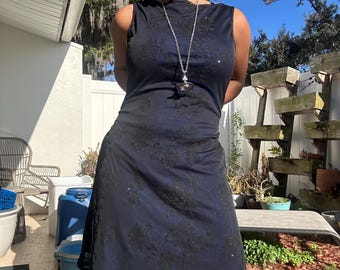 Vintage 90s black and navy blue mesh layered sparkly crushed velvet floral print high neckline minidress