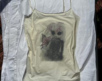 Vintage Y2K cream, black and pink graphic fairy fairycore whimsygoth upcycled avant-garde cami top