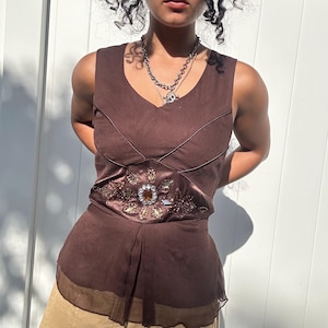 Vintage Y2K brown fairy silk beaded top