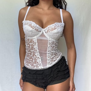 Vintage 80s coquette white sheer mesh floral embroidered corset boned cami top