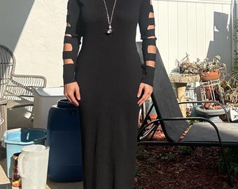 Black ribbed cut out sleeve stretchy thick maxi bodycon avant-garde slit dress