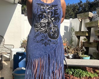 Vintage Vocal biker fringe graphic bedazzled motorcycle tank y2k navy blue, black and white minidress