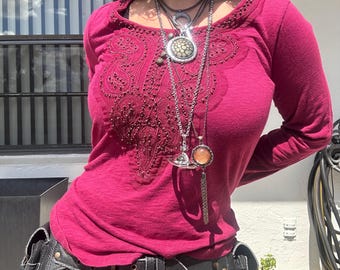 Vintage Y2K burgundy bronze embellished beaded embroidered leaves long sleeve top