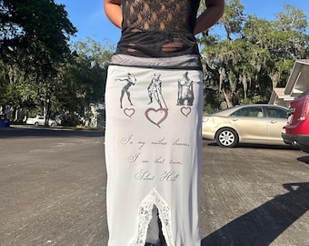 Vintage lingerie upcycled Silent Hill 2 nurse and worms graphic white and black lacy open front slit slip coquette horror game maxi skirt