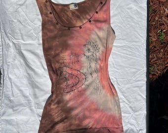 Vintage 90s upcycled cybersigilism pink, brown and white tie-dye embellished tank top