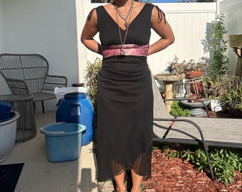 Vintage Y2K black and pink satin black floral print adjustable waist flowy mesh v-neck sleeveless dress