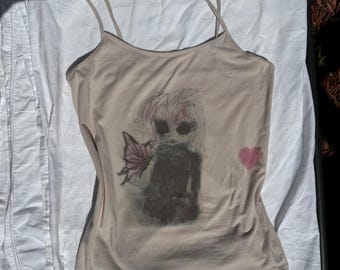 Vintage Y2K upcycled fairy fairycore whimsygoth graphic cream, black and pink avant garde cami top