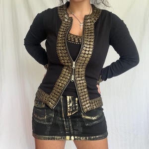 Vintage Y2K black and bronze western vkei fairycore whimsygoth double zipper jacket and tank top set