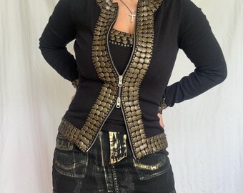 Vintage Y2K black and bronze western vkei fairycore whimsygoth double zipper jacket and tank top set