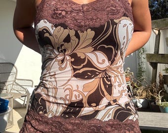 Vintage 90s floral lace brown and white paisley floral print fairy / fairycore / whimsygoth cami top