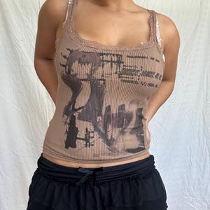 Upcycled serial experiments lain anime python code brown black and purple code ribbed floral lacy fairycore whimsygoth y2k futuristic cami