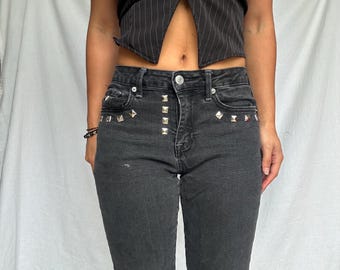 Studded charcoal grey high waisted indie sleaze emo punk skinny jeans