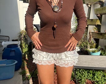 Vintage Y2K hooded brown fairycore whimsygoth henley