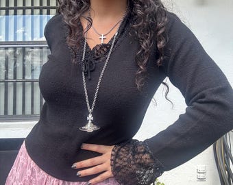 Vintage Y2K black glittery floral lace thick whimsygoth goth gothic long sleeve sweater