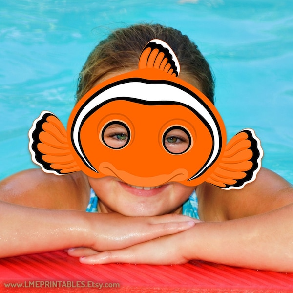 Clownfish Imprimable Masque Halloween Costume Clown Fish Orange Motif Pool Party Beach Sea Animaux Acuatic Marine DIY Photo Booth Enfants Adultes