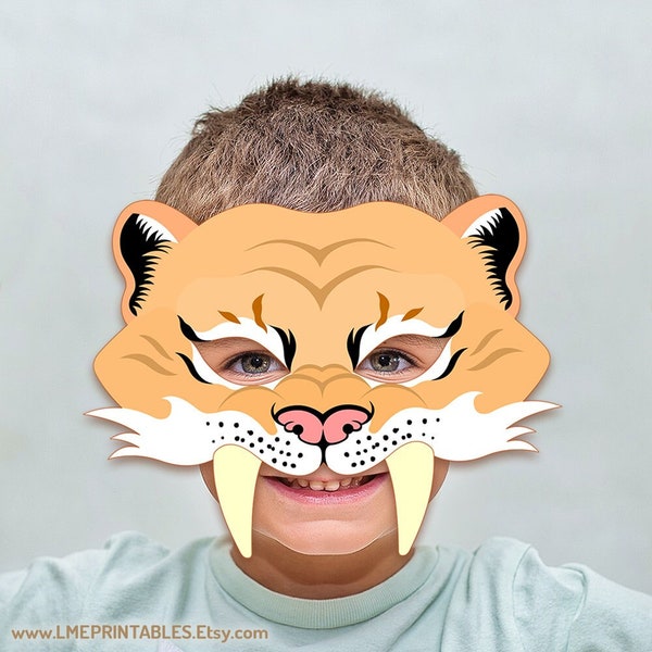 Smilodon Mask Printable Halloween Costume Sabertooth Tiger Prehistoric Animal Ice Age Saber Tooth Kid Adult Safari Birthday Party Game Craft