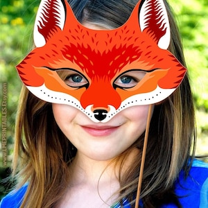 Röd rävmask utskrivbar djurkostym vuxen barn födelsedagsfestgåva skola papperspyssel prärievarg fotobås maskerad PDF Halloween karneval