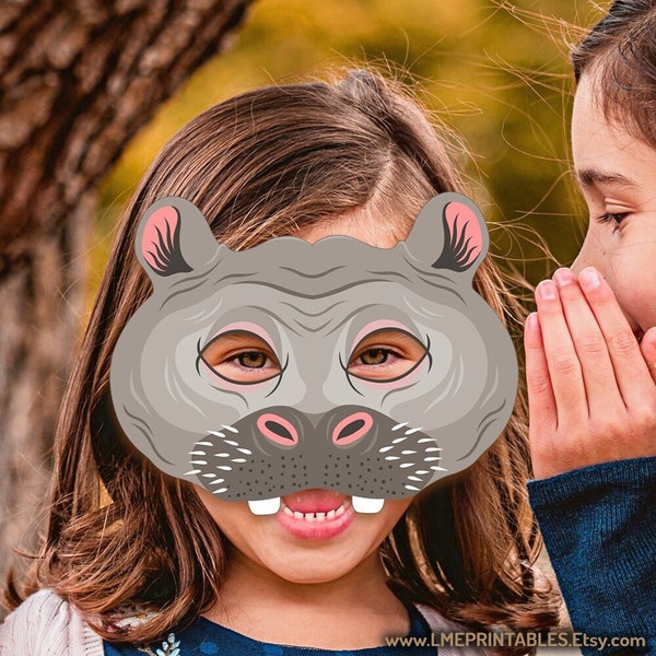 Hippopotame imprimable masque hippopotame Costume d'halloween au bord de la piscine cotillons Safari animaux en papier artisanat africain Photomaton jeux anniversaire enfant adulte