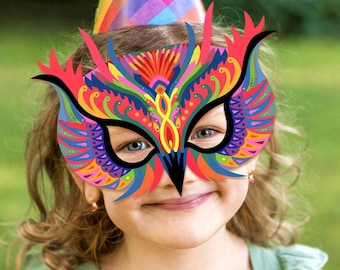 Owl Bird Mask Printable Halloween Costume Party Birthday Colorful Paper Craft Psychedelic Carnival Animal Mardi Gras Masquerade Rainbow Face