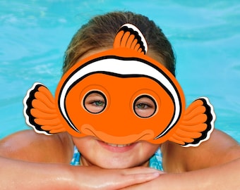 Clownfish Printable Mask Halloween Costume Clown Fish Orange Pattern Pool Party Beach Sea Animals Acuatic Marine DIY Photo Booth Kids Adults